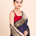 Navy Blue Paithani Silk Saree with Golden Border and Maroon Pallu - Anvi Couture