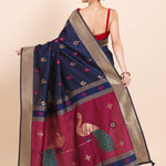 Navy Blue Paithani Silk Saree with Golden Border and Maroon Pallu - Anvi Couture