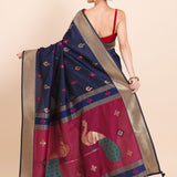 Navy Blue Paithani Silk Saree with Golden Border and Maroon Pallu - Anvi Couture