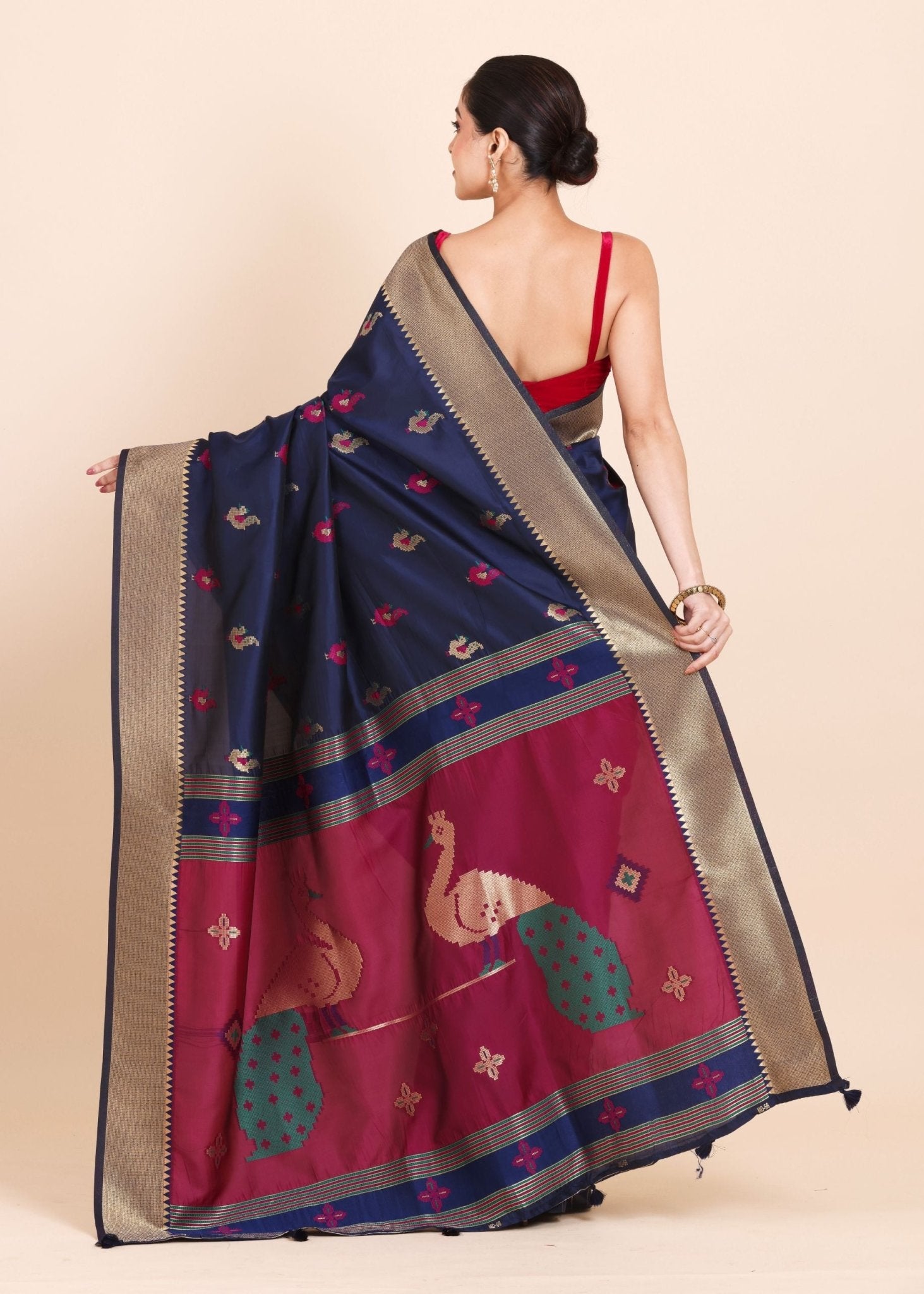 Navy Blue Paithani Silk Saree with Golden Border and Maroon Pallu - Anvi Couture