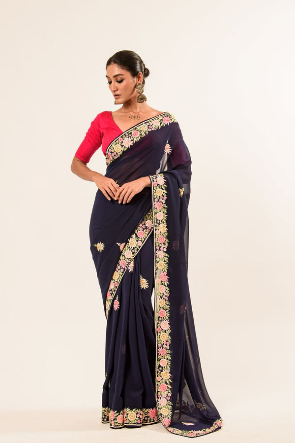 Navy Blue Parsi Gara Saree with Hand Embroidery 