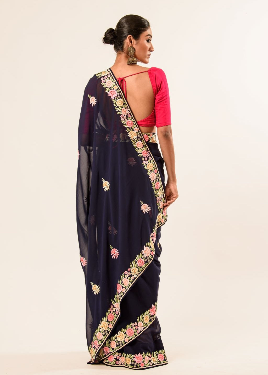 Navy blue Parsi Gara saree with hand embroidery — embroidery detail back-side