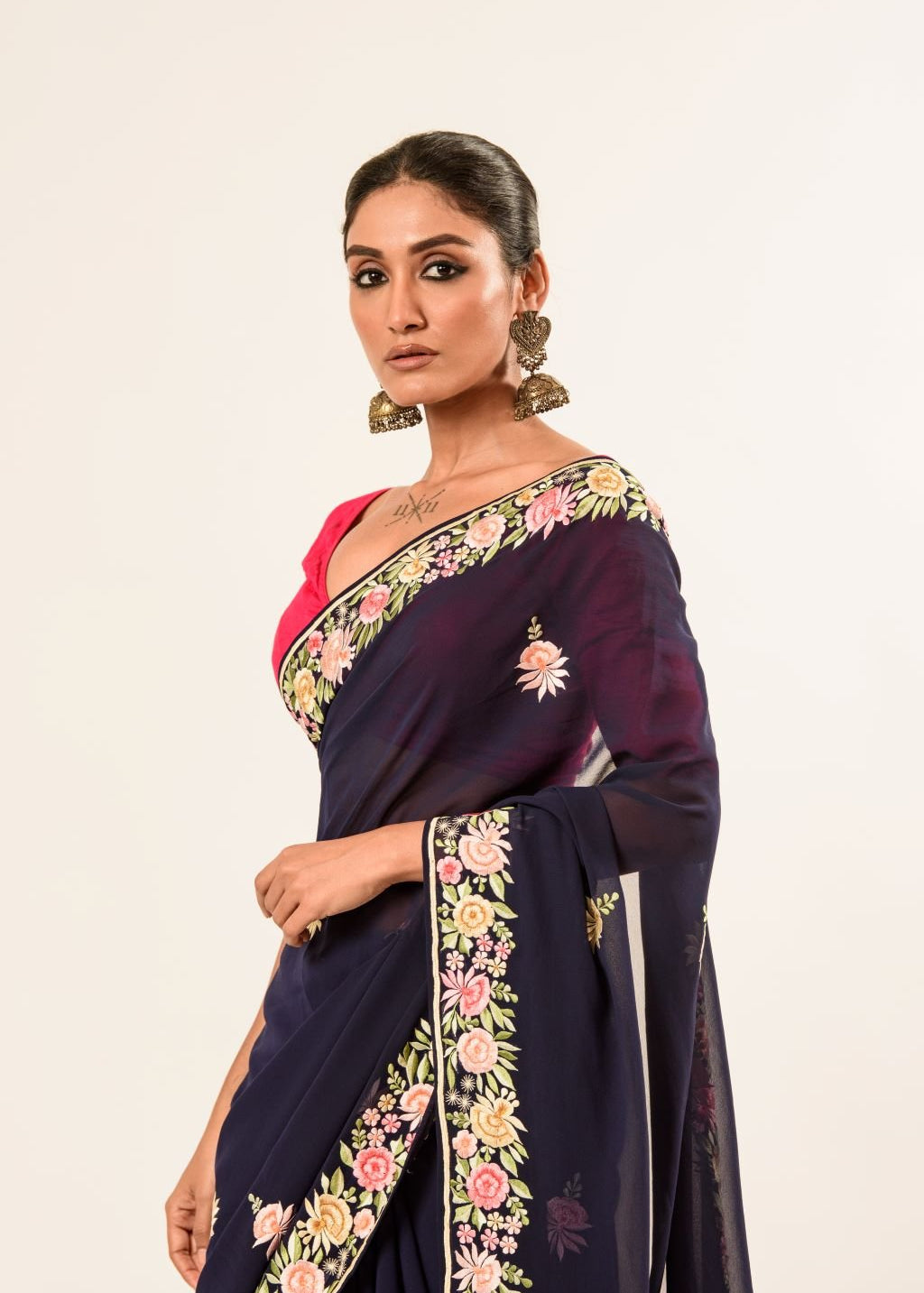 Navy blue Parsi Gara saree with hand embroidery — embroidery detail close-up