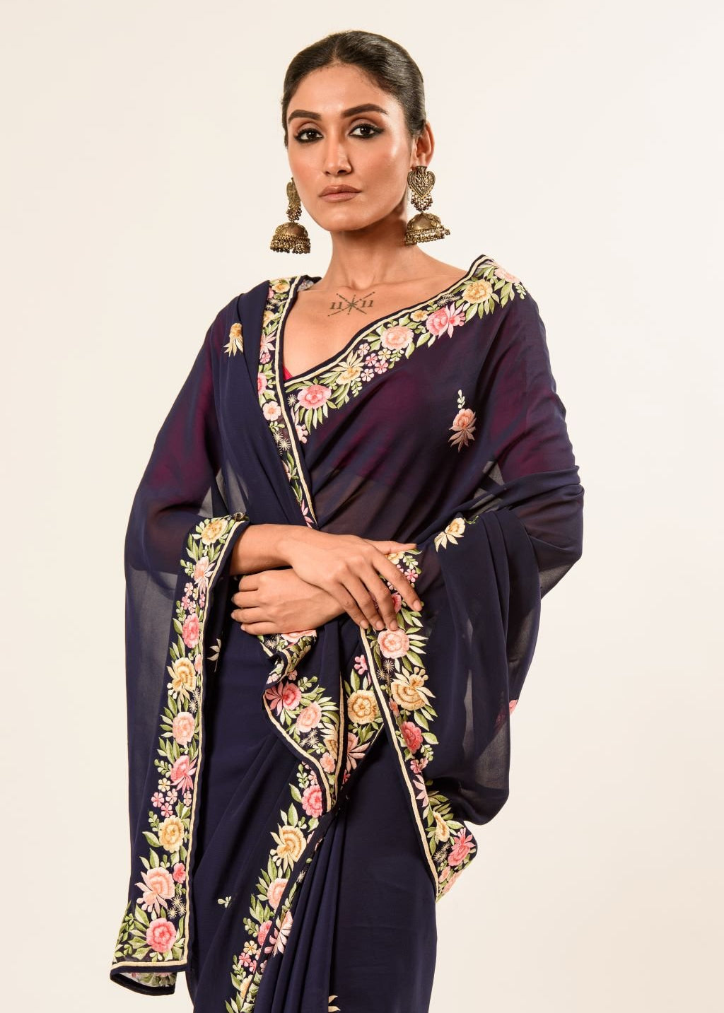 Embroidered border close-up of navy blue Parsi Gara saree — Anvi Couture