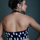 Navy blue hand embroidered halter neck blouse — back view with open neckline