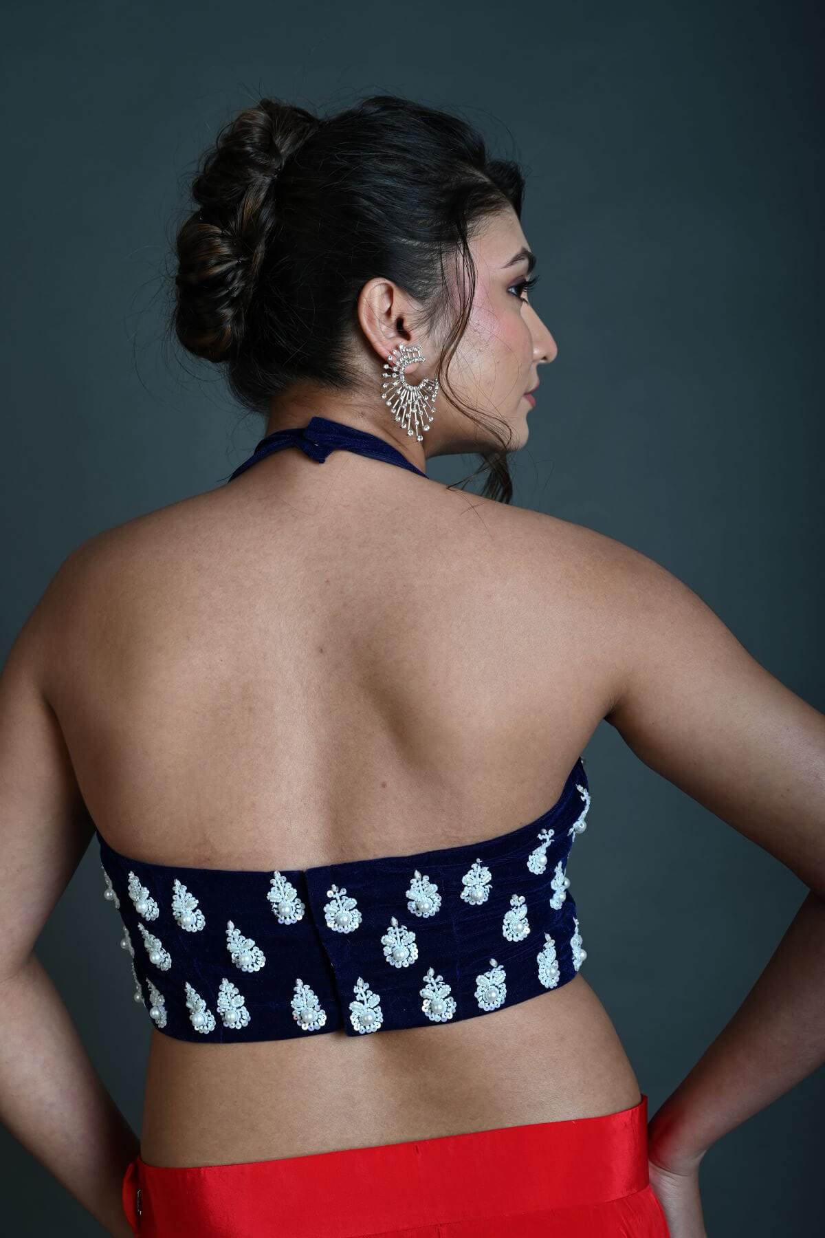 Navy blue hand embroidered halter neck blouse — back view with open neckline