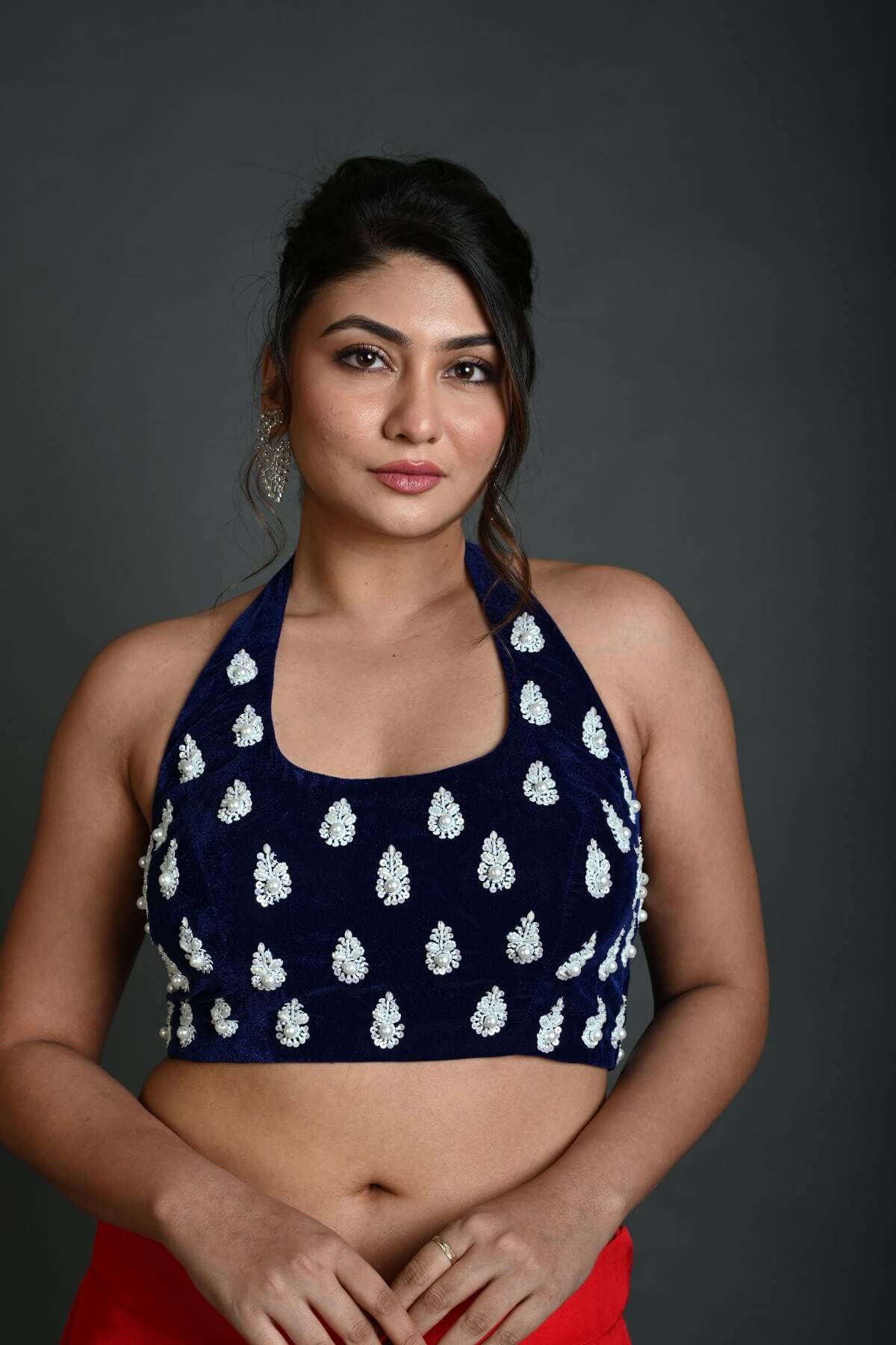 Navy blue velvet halter neck saree blouse with hand embroidery — front view — Anvi Couture