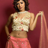 Peach Color Net Lehenga Set with Sequine and Embrodery Work - Anvi Couture