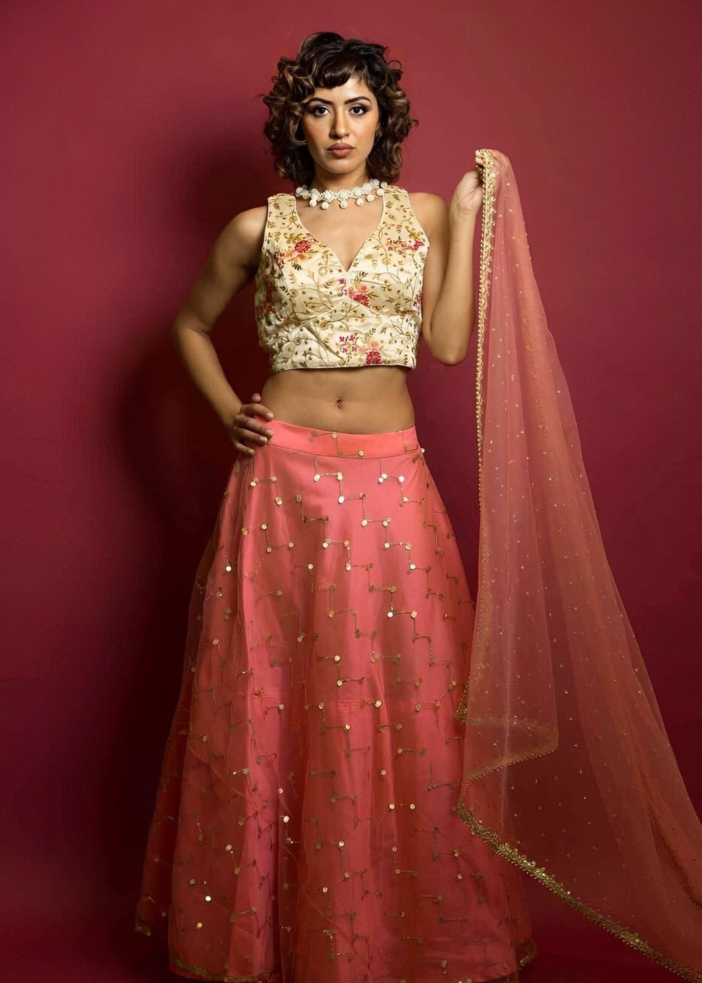 Peach Color Net Lehenga Set with Sequine and Embrodery Work - Anvi Couture