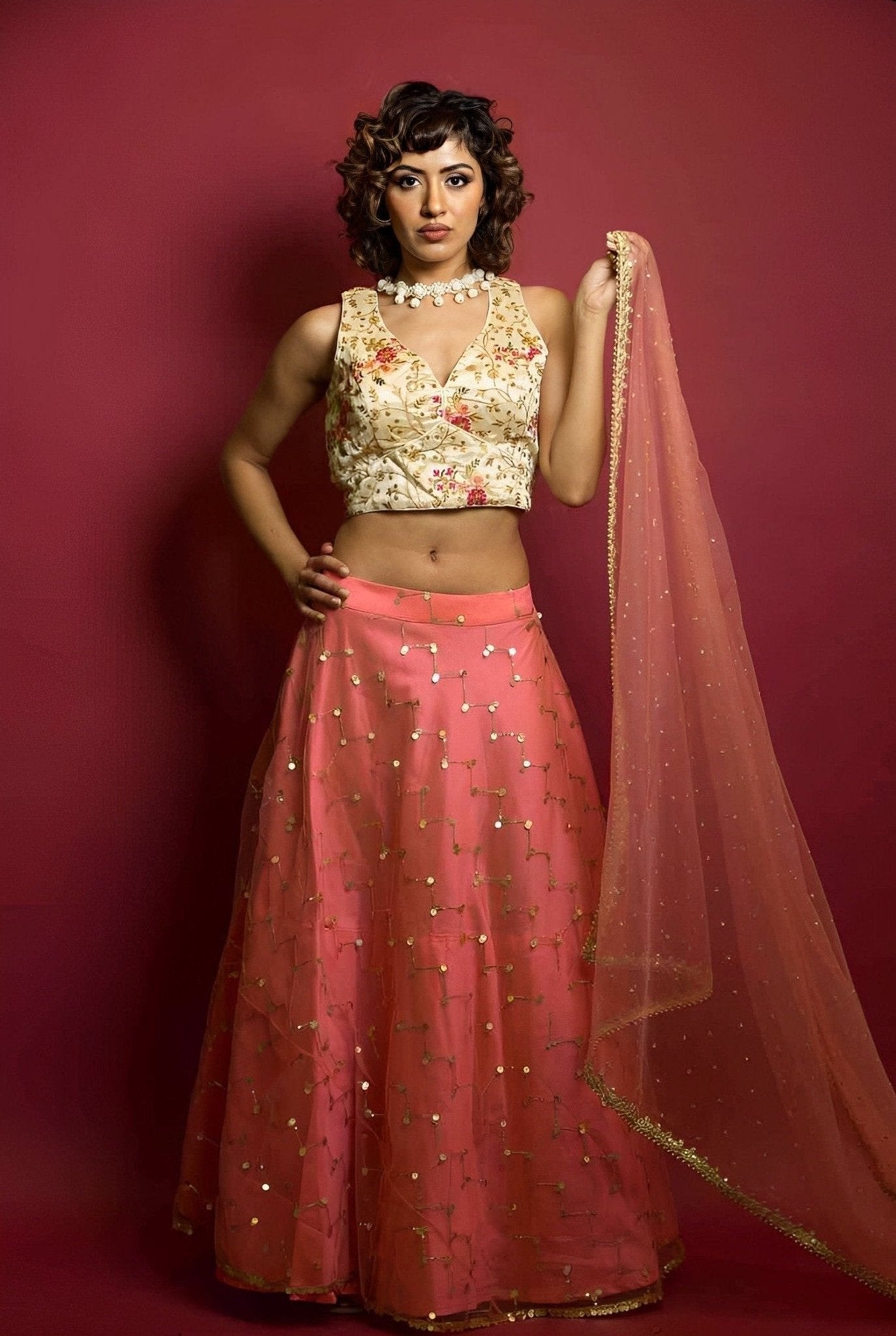 Peach Color Net Lehenga Set with Sequine and Embrodery Work - Anvi Couture