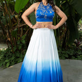 Ocean Mist Ombre Blue Lehenga with Handcrafted Top | Modern Bridal Lehenga