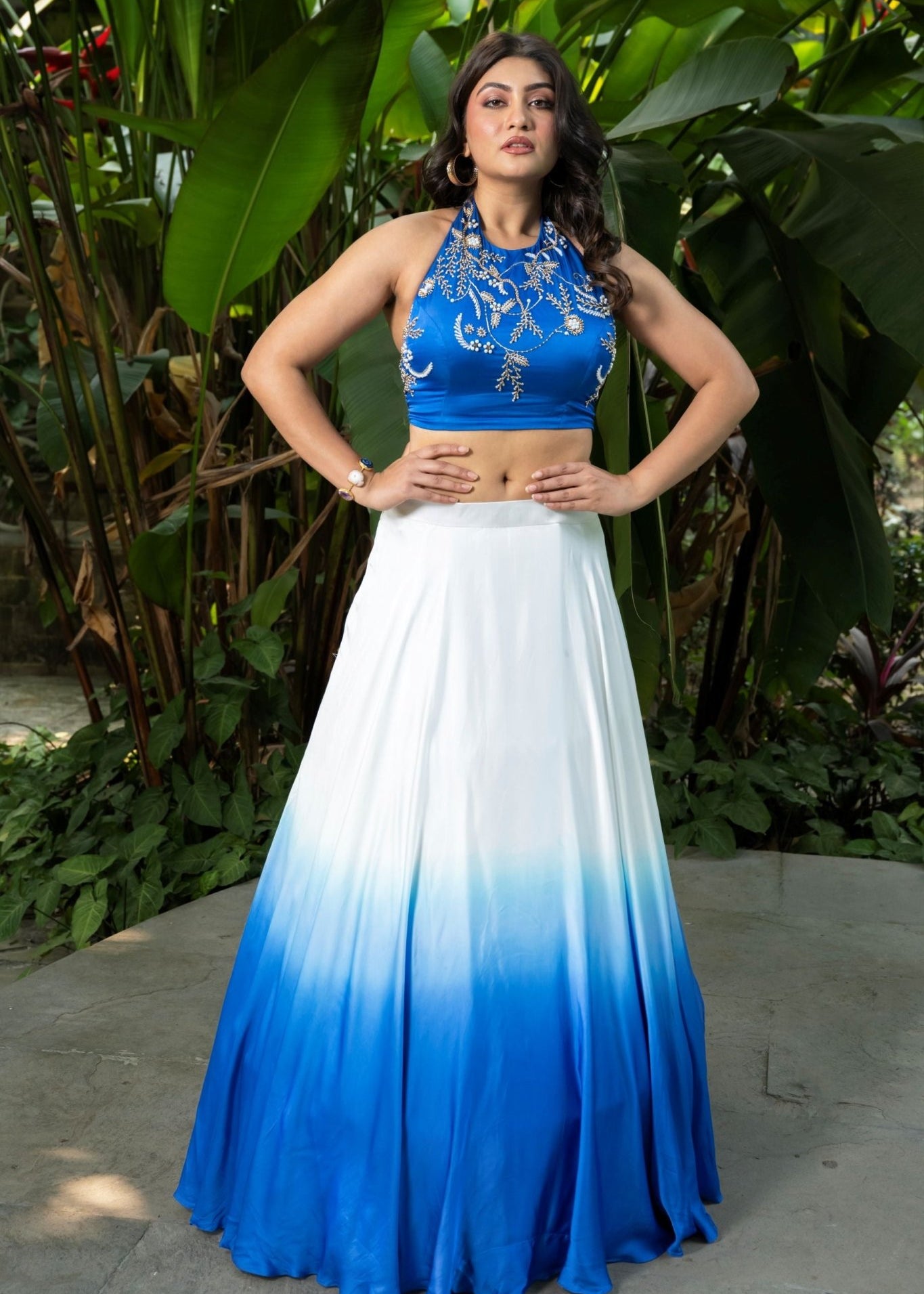 Ocean Mist Ombre Blue Lehenga with Handcrafted Top | Modern Bridal Lehenga
