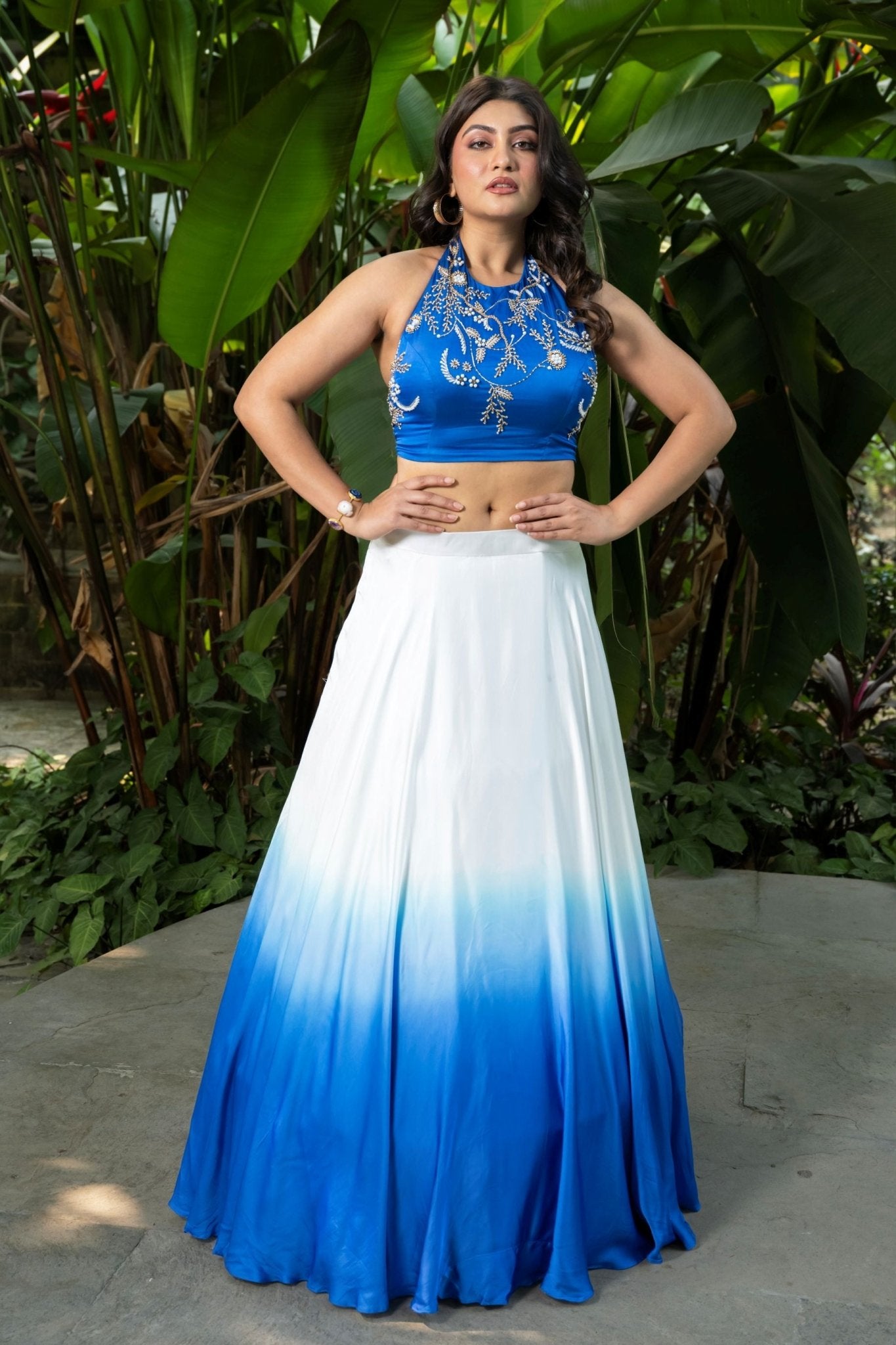 Ocean Mist Ombre Blue Lehenga with Handcrafted Top | Modern Bridal Lehenga