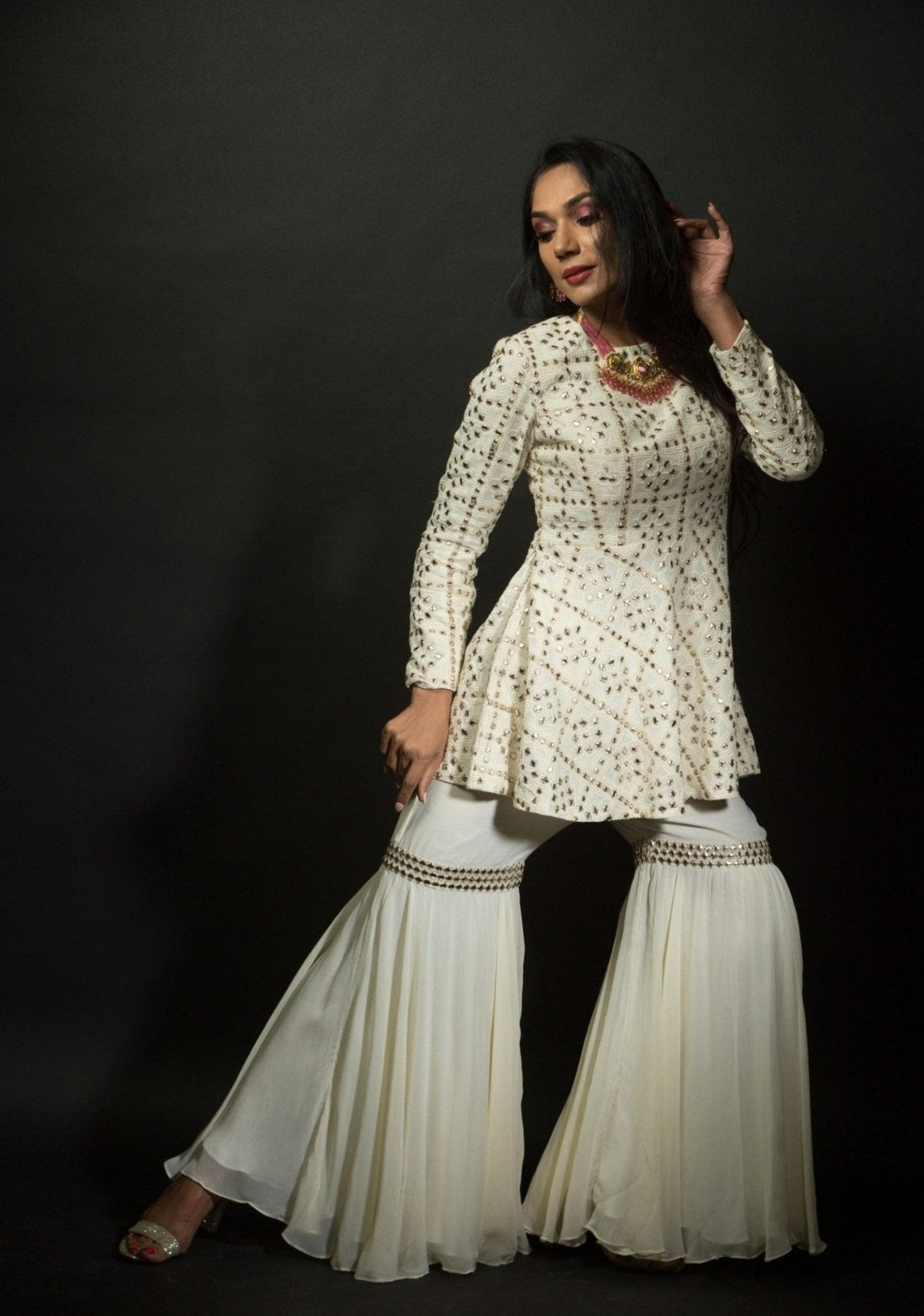 White Chikankari Sharara Set in Georgette Embroidered work - Anvi Couture