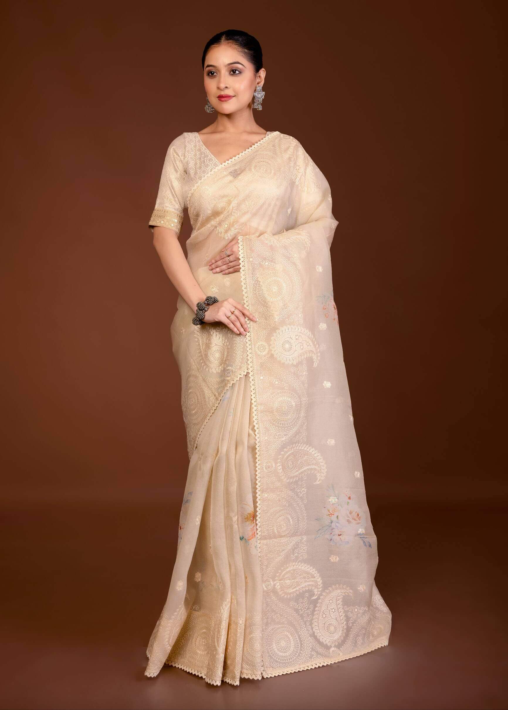 Off - White Printed Organza Saree with Embroidery Work and Lace Trim - Anvi Couture