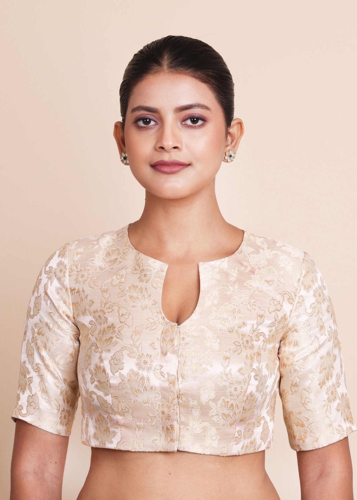 Off White Brocade Scoopneck Blouse With Back Closer - Anvi Couture