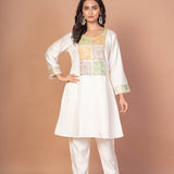 Off White Co-Ord Set with Multicolor Embroidered Patchwork