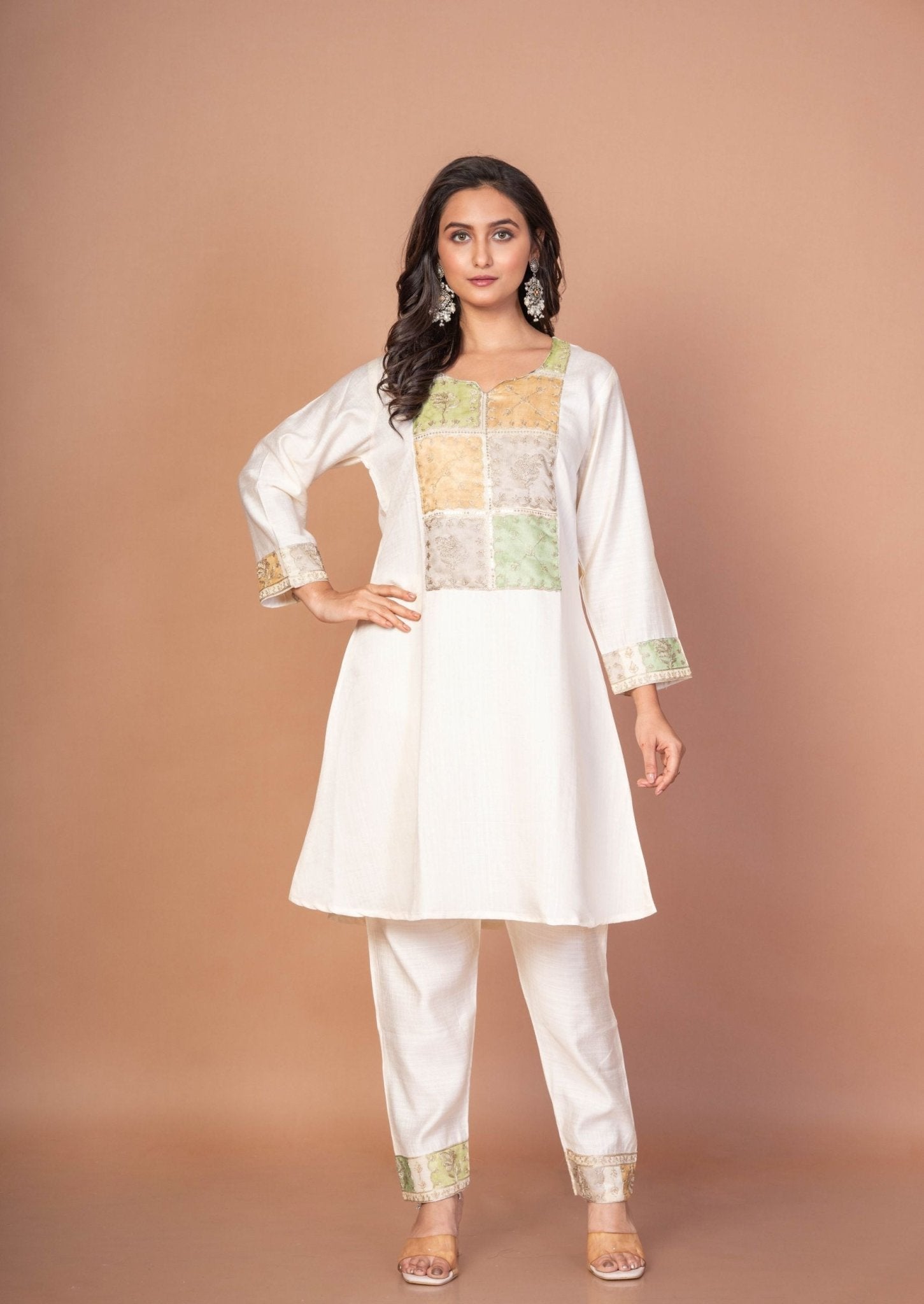 Off White Co-Ord Set with Multicolor Embroidered Patchwork