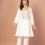 Off White Co-Ord Set with Multicolor Embroidered Patchwork