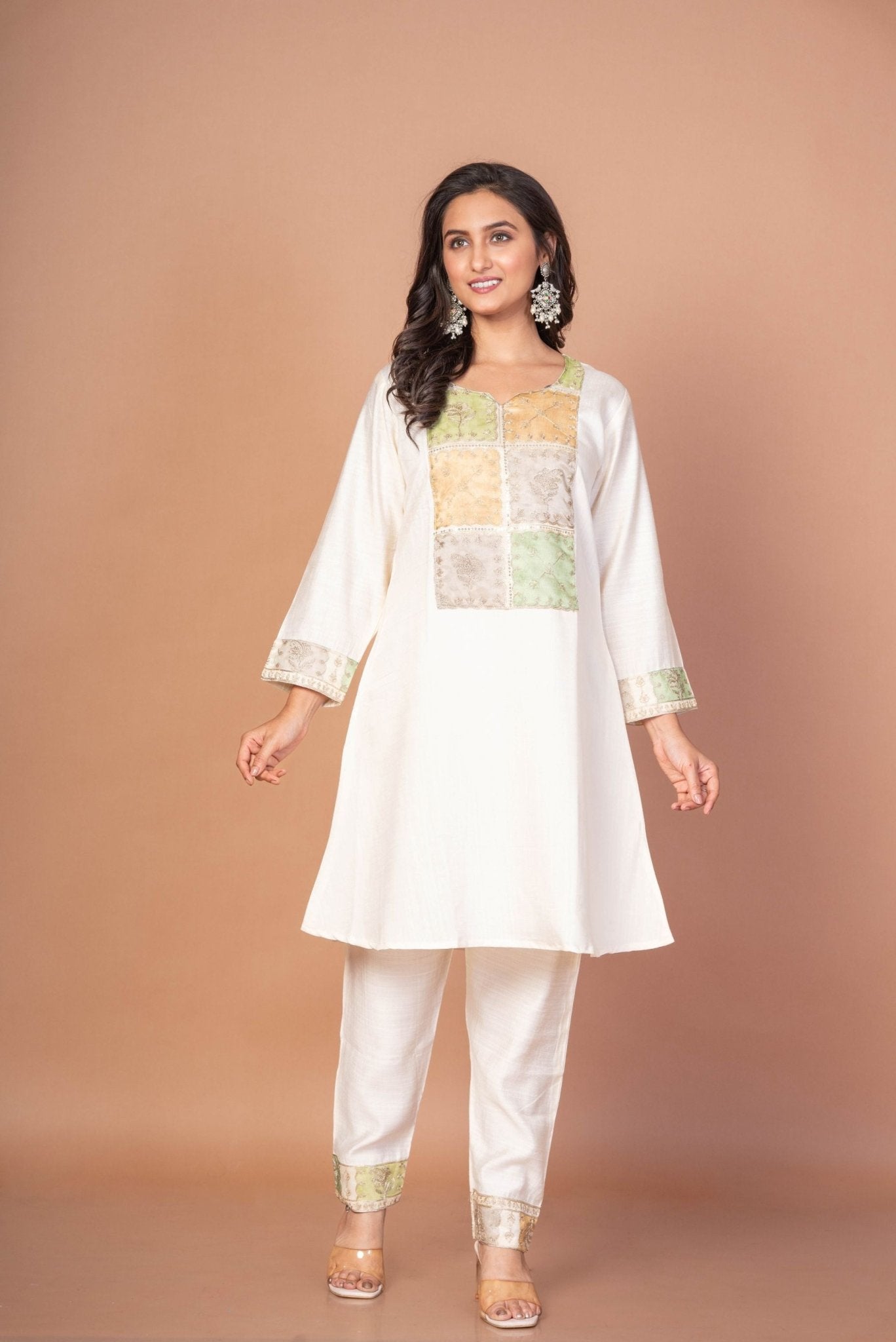 Off White Co-Ord Set with Multicolor Embroidered Patchwork