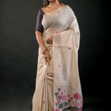 Off White Cotton Jamdani Saree With Floral Woven Work Front
