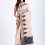 Off White Cotton Silk Lilen Saree With Black Temple Border Full