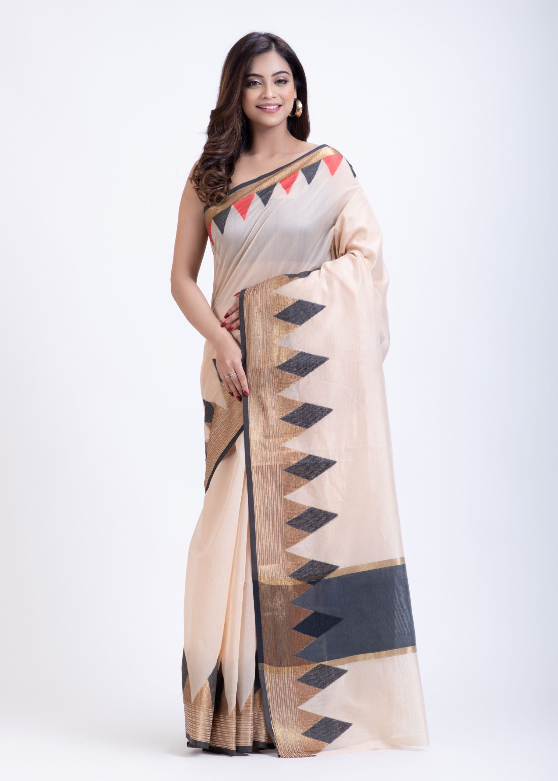 Off White Cotton Silk Lilen Saree With Black Temple Border Full