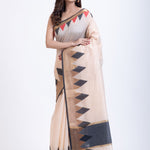 Off White Cotton Silk Lilen Saree With Black Temple Border Front