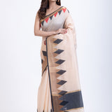 Off White Cotton Silk Lilen Saree With Black Temple Border Front