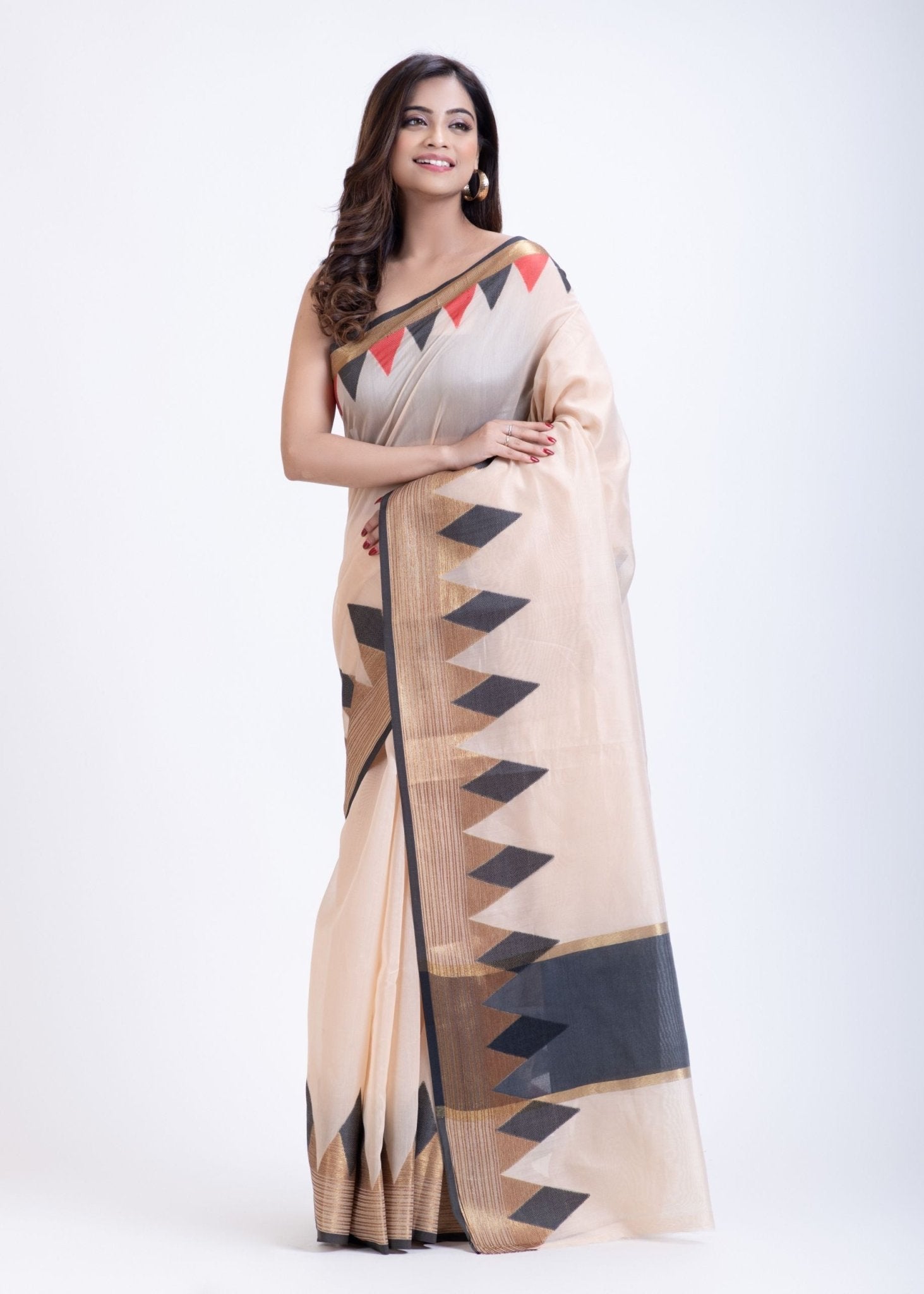 Off White Cotton Silk Lilen Saree With Black Temple Border - Anvi Couture