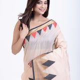 Off White Cotton Silk Lilen Saree With Black Temple Border Close Up
