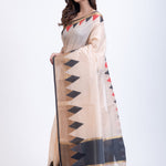 Off White Cotton Silk Lilen Saree With Black Temple Border Back