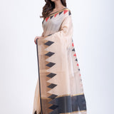 Off White Cotton Silk Lilen Saree With Black Temple Border Back