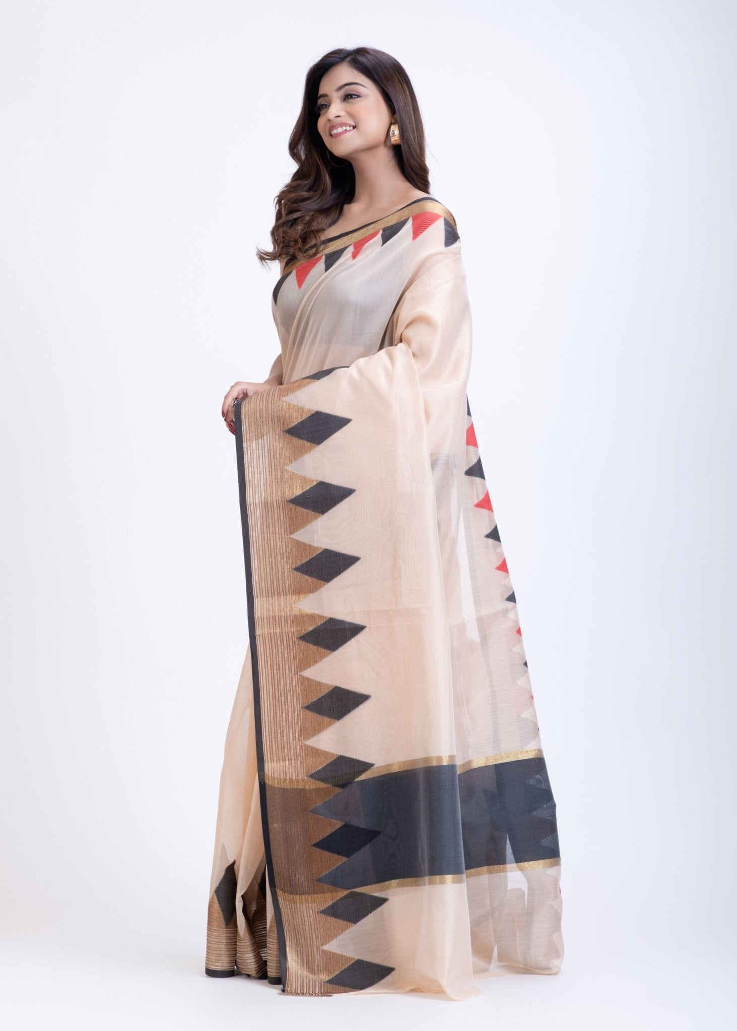 Off White Cotton Silk Lilen Saree With Black Temple Border - Anvi Couture