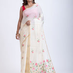 Off White Handloom Jamdani Saree with Pink Floral Woven Motifs Full