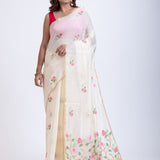 Off White Handloom Jamdani Saree with Pink Floral Woven Motifs Full