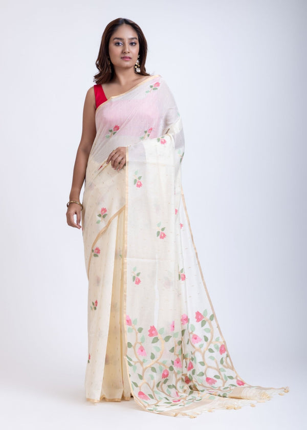 Off White Handloom Jamdani Saree with Pink Floral Woven Motifs - Anvi Couture