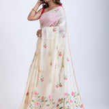 Off White Handloom Jamdani Saree with Pink Floral Woven Motifs Front