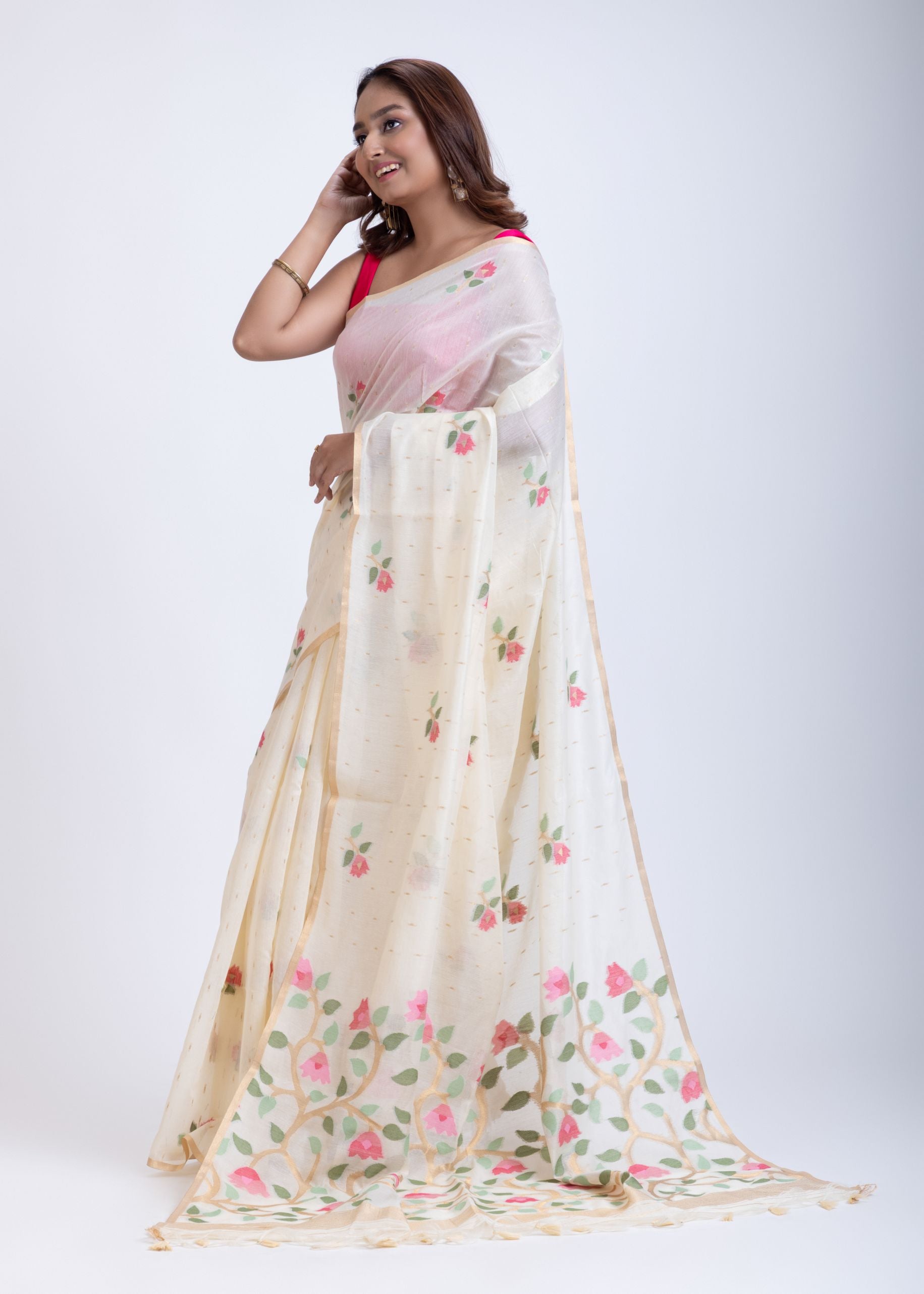 Off White Handloom Jamdani Saree with Pink Floral Woven Motifs Front