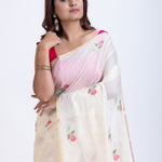 Off White Handloom Jamdani Saree with Pink Floral Woven Motifs Close Up