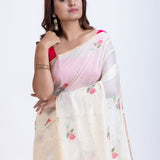 Off White Handloom Jamdani Saree with Pink Floral Woven Motifs Close Up