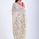 Off White Handloom Jamdani Saree with Pink Floral Woven Motifs Back