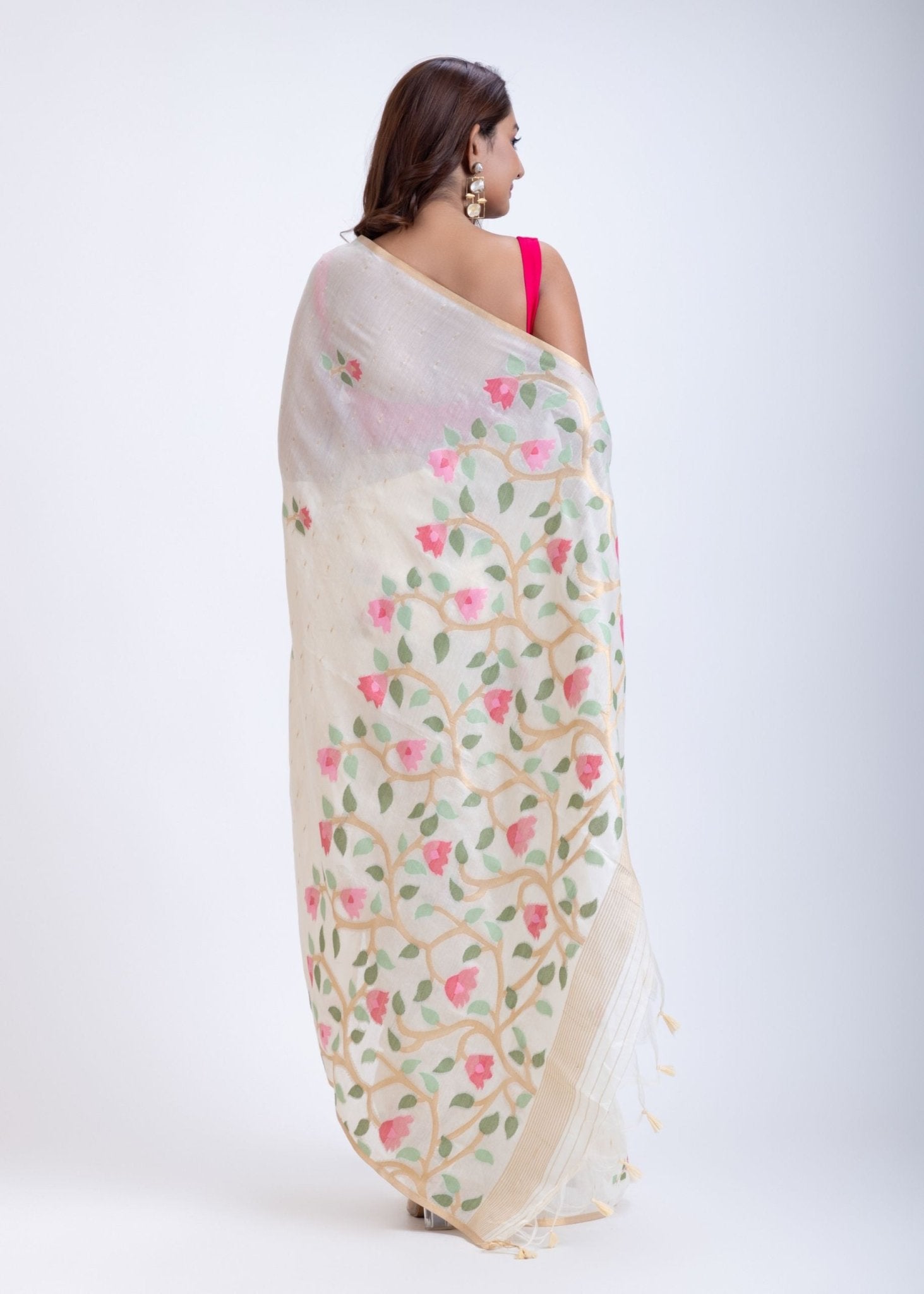 Off White Handloom Jamdani Saree with Pink Floral Woven Motifs - Anvi Couture
