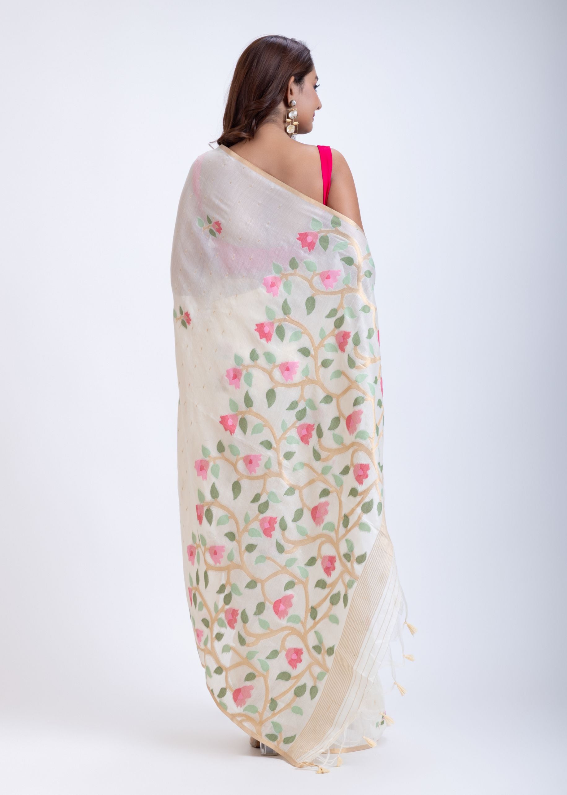 Off White Handloom Jamdani Saree with Pink Floral Woven Motifs Back