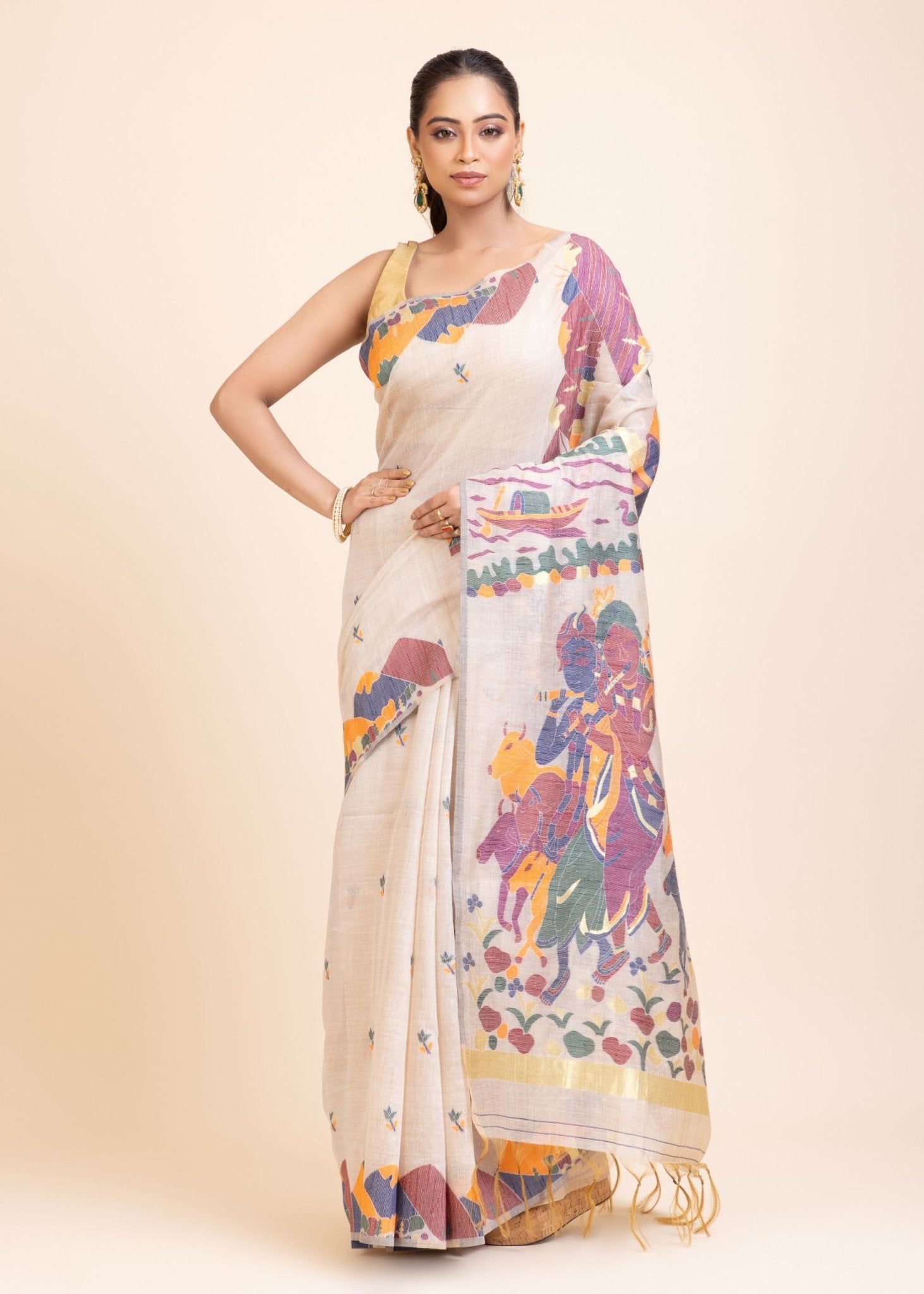 Off White Jamdani Handloom Saree - Anvi Couture