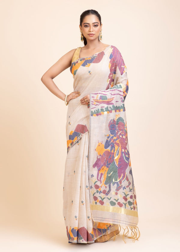 Off White Jamdani Handloom Saree - Anvi Couture