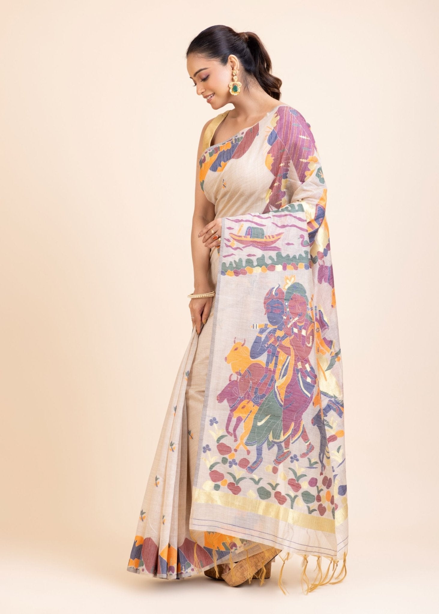 Off White Jamdani Handloom Saree - Anvi Couture