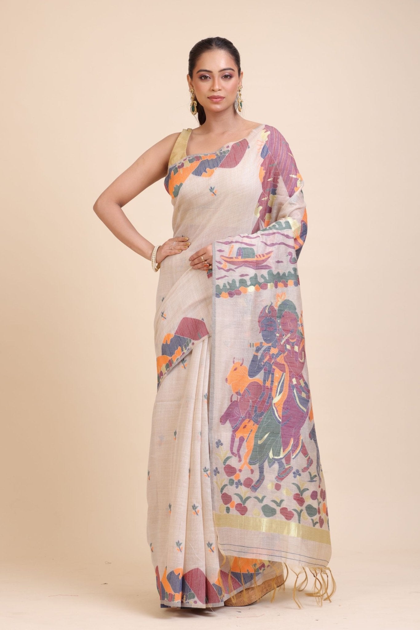 Off White Jamdani Handloom Saree - Anvi Couture