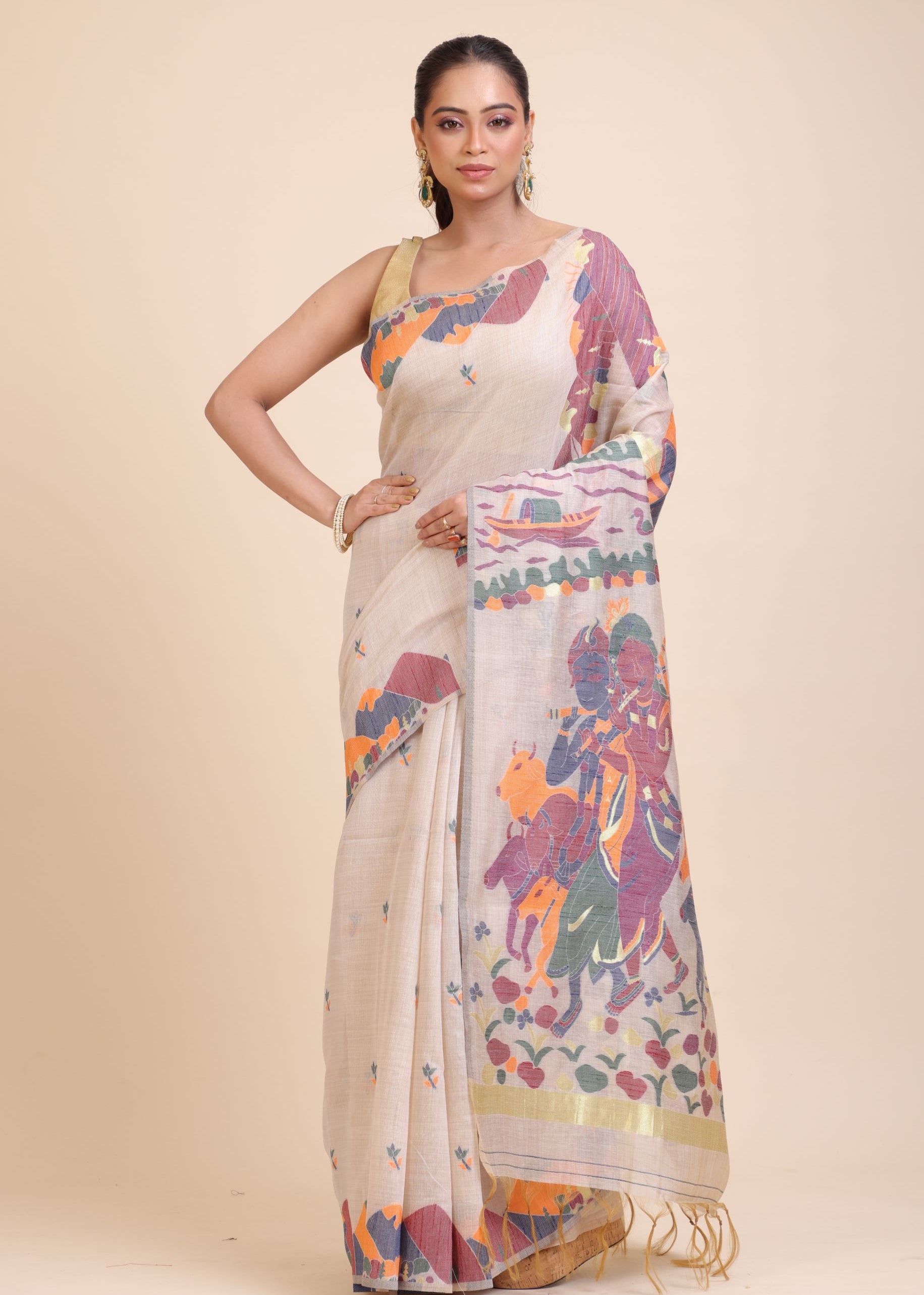 Off White Jamdani Handloom Saree full