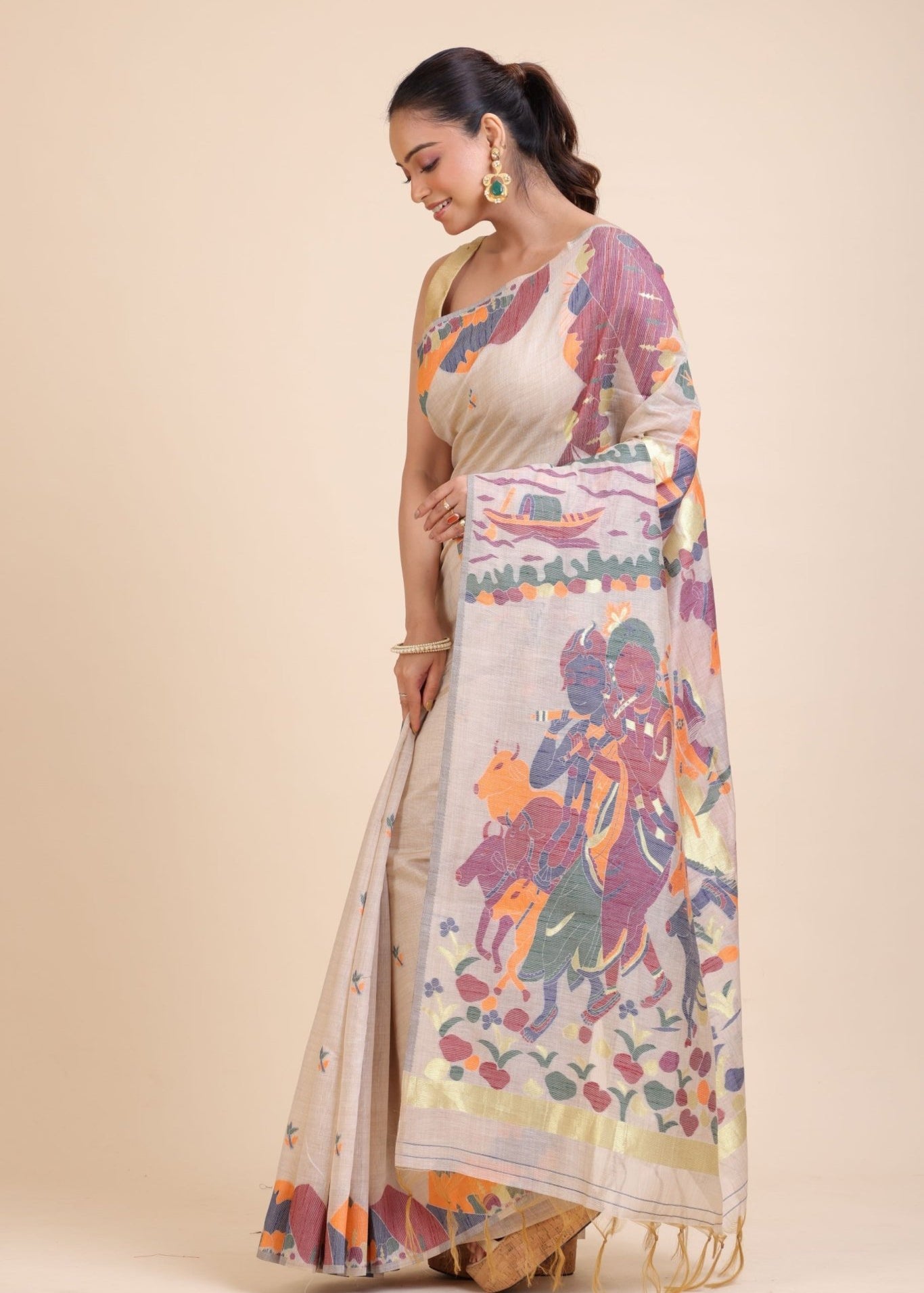 Off White Jamdani Handloom Saree - Anvi Couture